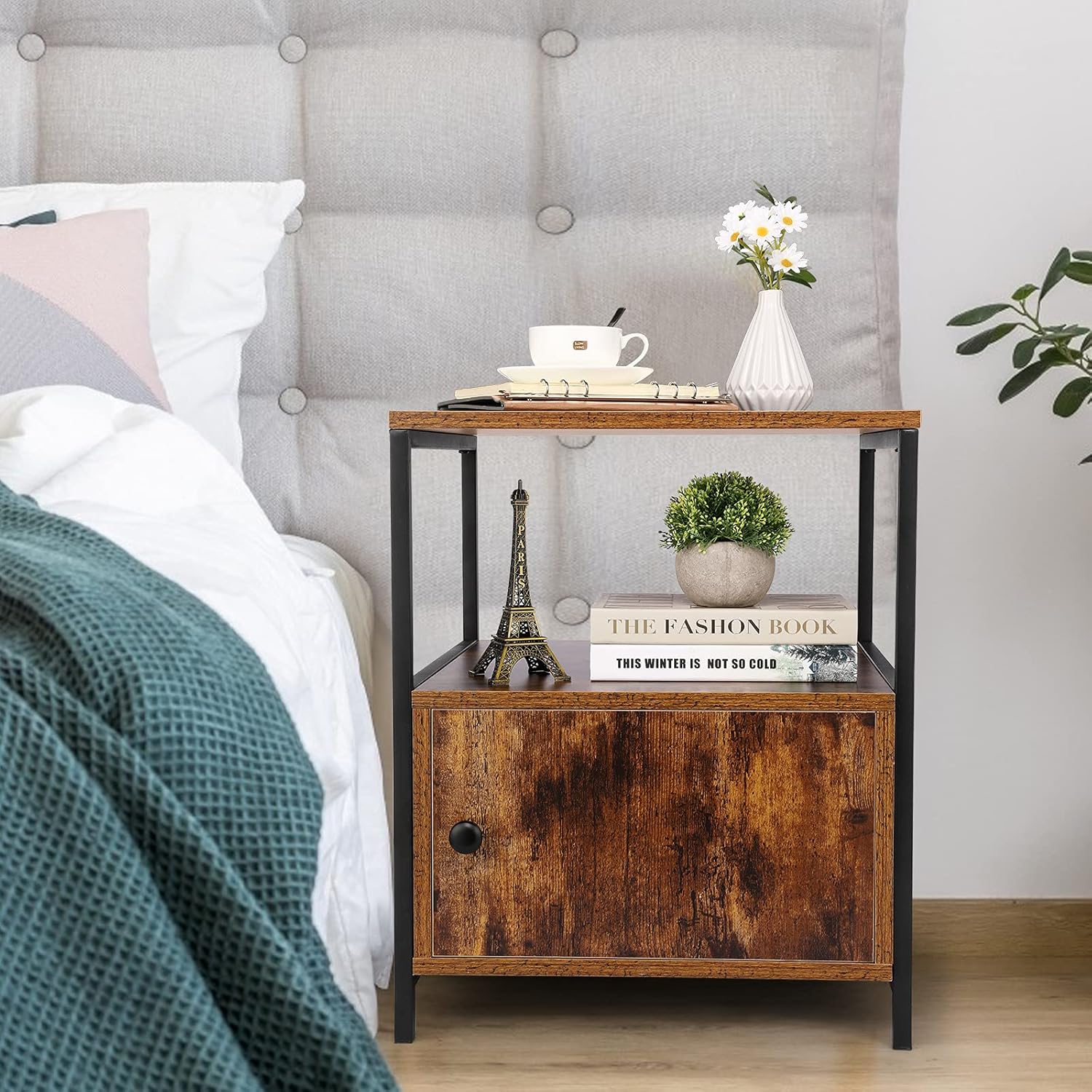 Farexon Wooden Nightstand, Industrial Modern Bedside Table with Storage Cabinet, Farmhouse Accent End Side Table with Open Shelves for Bedroom and Living Room (Black)