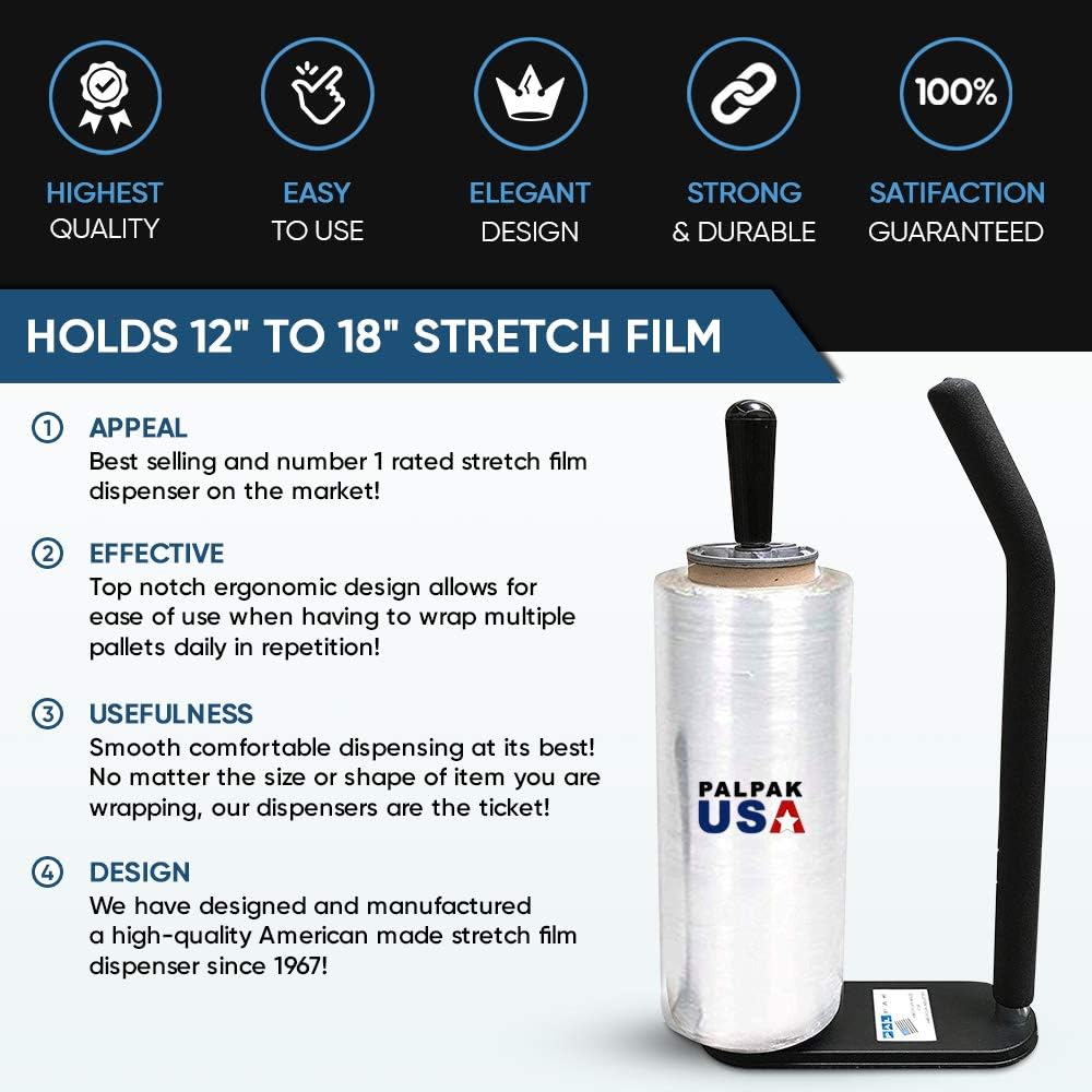 New! PalPak300 BACKSAVER - Best Selling Stretch Film Dispenser with Extended Handle, Industrial Strength for Packing Wrap, Holds 14