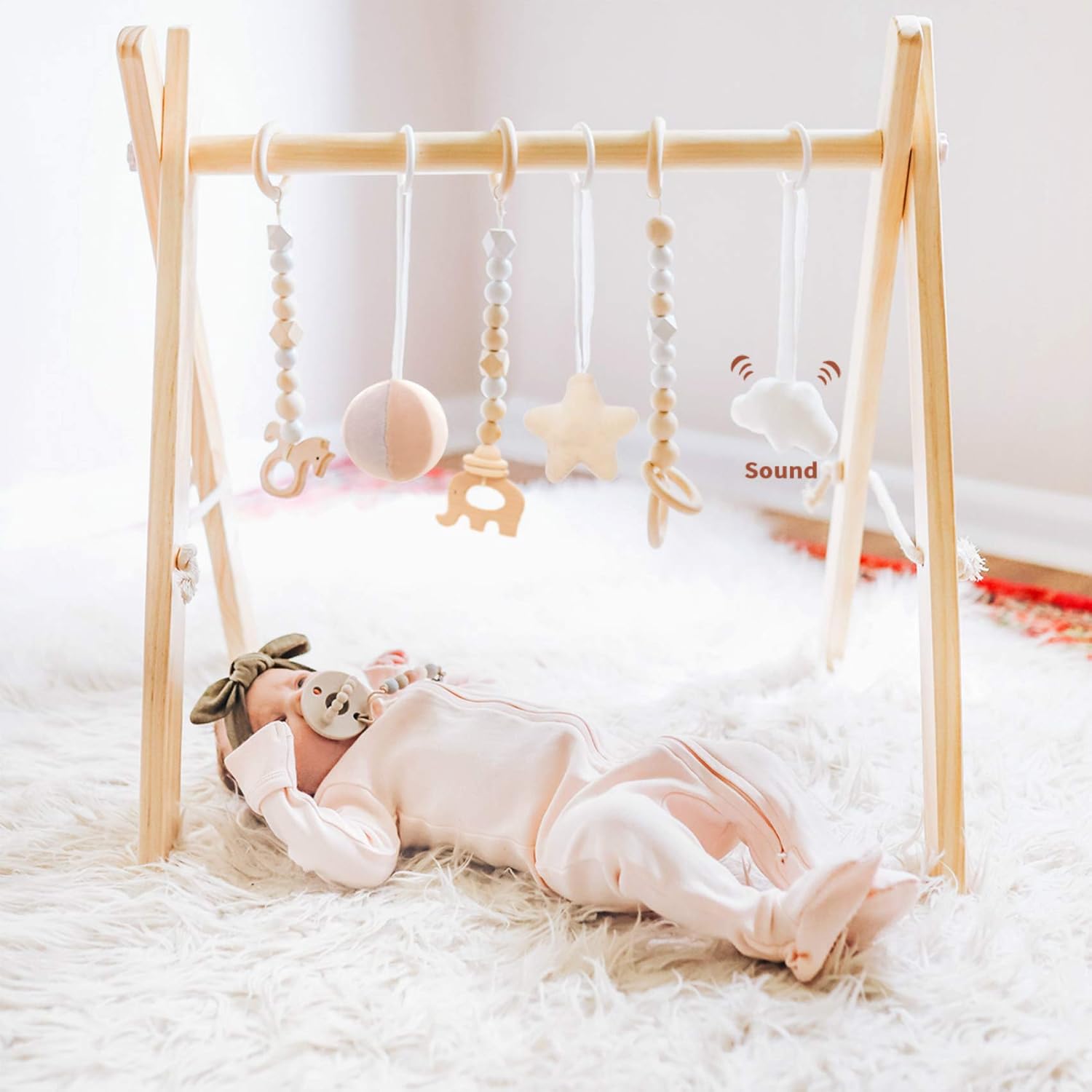 funny supply Wooden Baby Gym with 6 Gym Toys Foldable Baby Play Gym Frame Activity Center Hanging Bar Newborn Gift Pack of 2