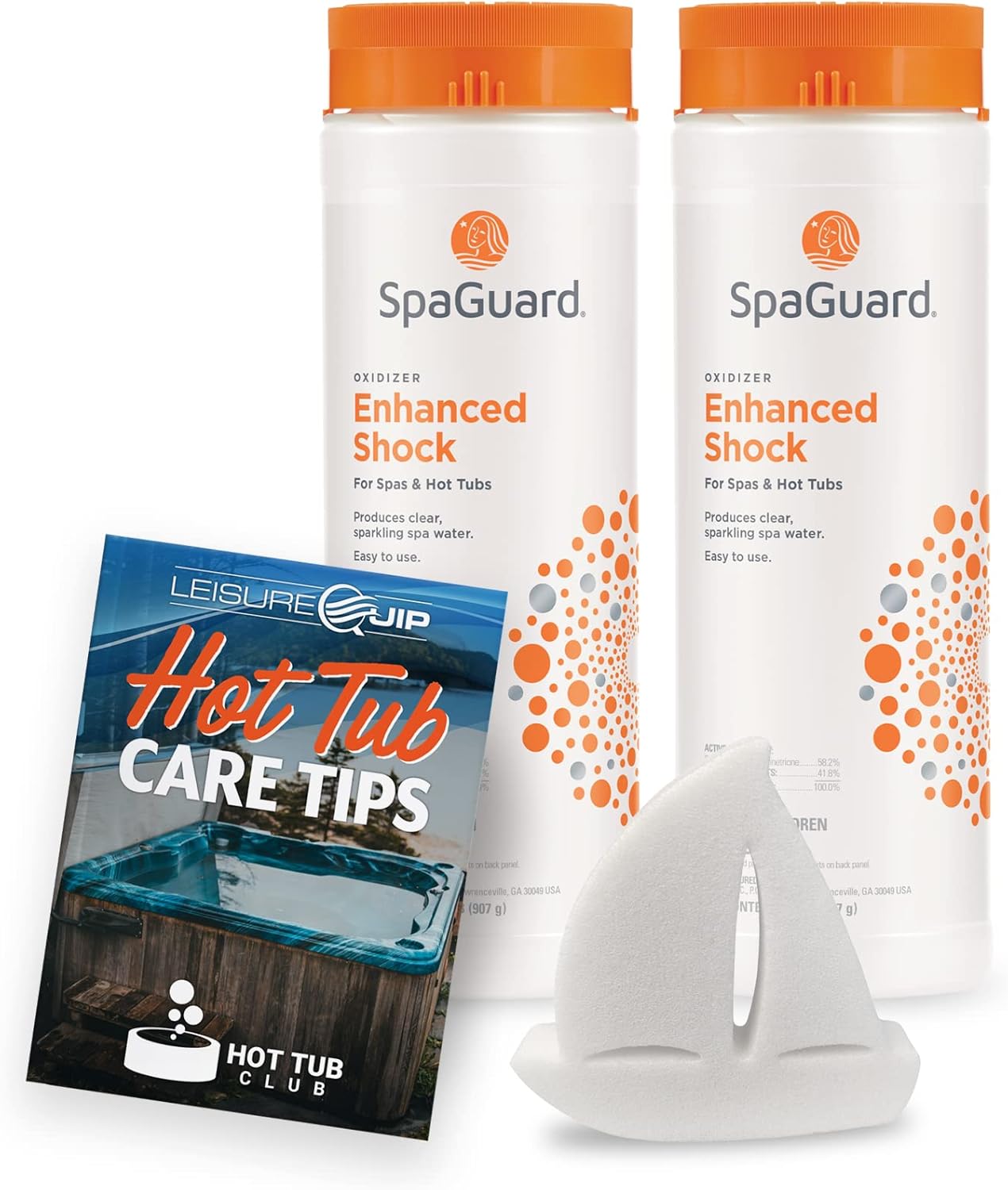 LeisureQuip SpaGuard Enhanced Shock 2lb (2 Pack) with ScumBoat Scum Absorber and Hot Tub E-Book Pack of 2
