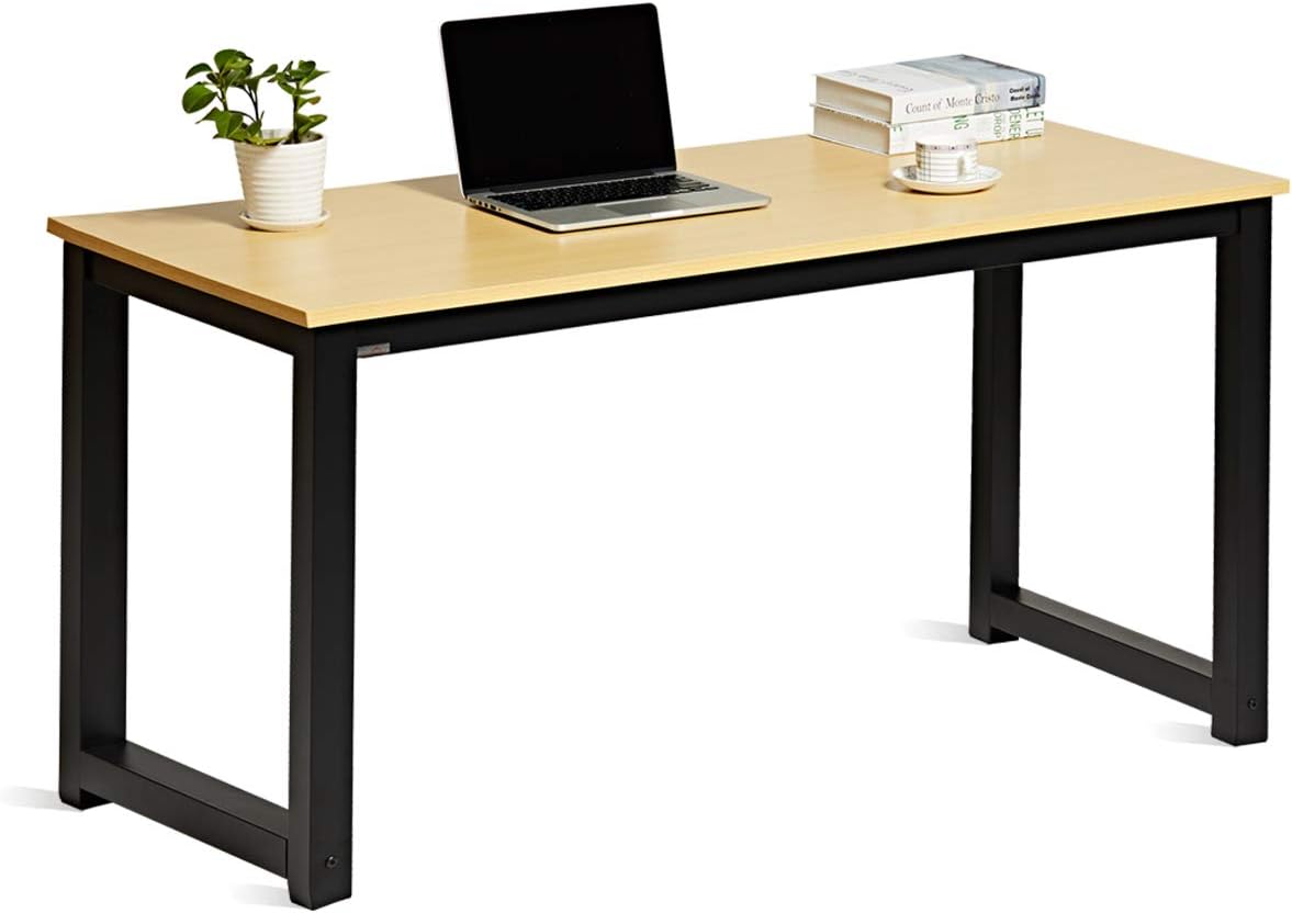 DECOHOLIC Modern Computer Desk 63” Large Workstation Office Desk Computer Table Study Writing Desk for Office Home, with Leg Bars,Industrial Style,Oak Board Black Leg.