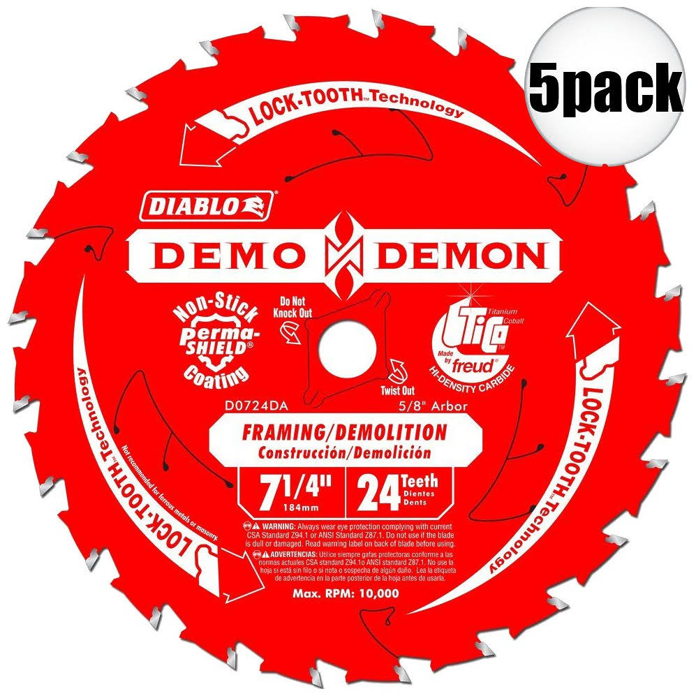Freud D0724DA 7-1/4x22 x 24T Diablo Demo Demon Circular Saw Blade 5-Pack