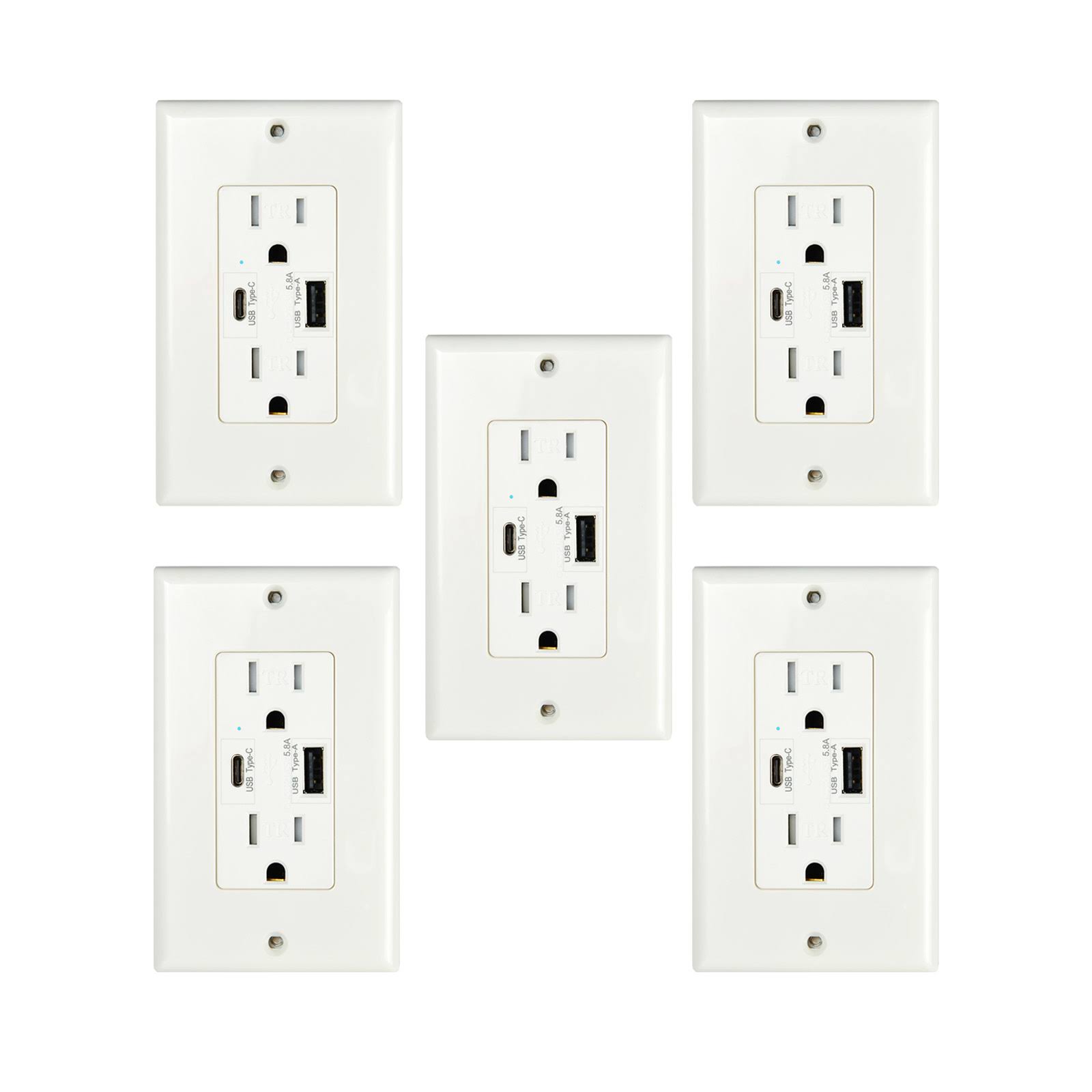 Greencycle 5 Pack UL Certificated Type C/Type A 5.8A 5V USB Wall Outlets 15A Tamper Resistant Receptacle Wall Plate Charger Adap