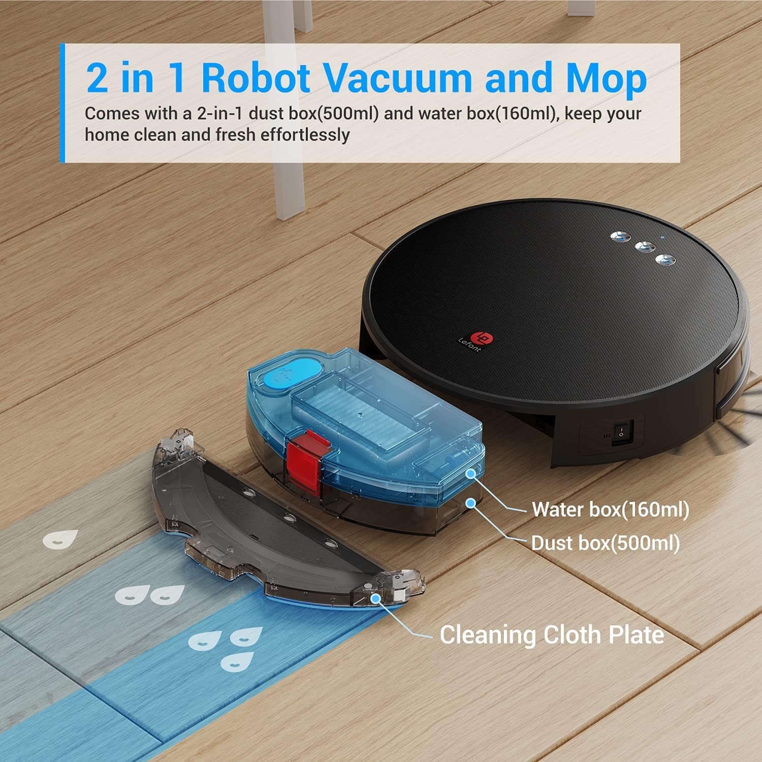 Lefant Robot Vacuum and Mop, Robotic Vacuum Cleaner with 2200Pa Suction, Smart Navigation, 150 Mins Runtime, Works with Alexa and Google Assistant, Self-Charging, Ideal for Pet Hair,Floor,Carpet（U180）