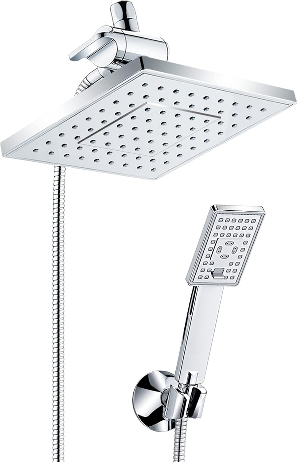 Rain Shower Head with Handheld Spray 5 ft. Shower Hose Combination Set Includes Wall Mount Suction Bracket 3-Way Water Diverter Mount (8 Inch Square, Chrome)