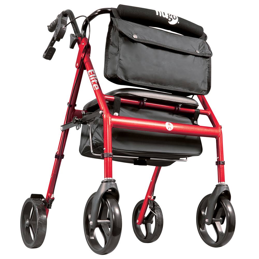 Hugo Elite Rollator Rolling Walker with Seat, BACKREST and Saddle Bag, Garnet Red