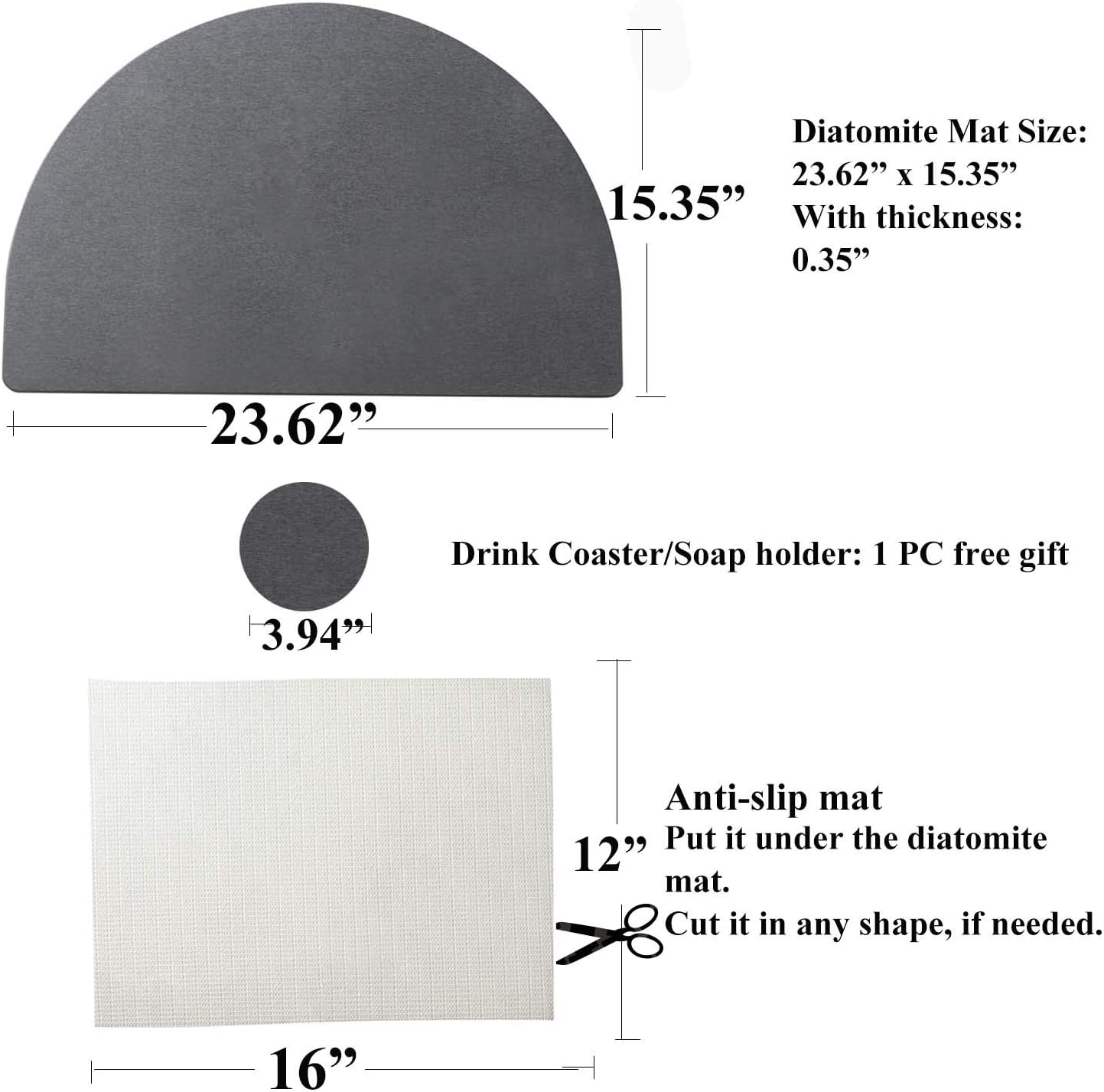 Diatomaceous Earth Bath Mat, Nonslip Absorbent Bathroom Mat Fast Drying Hard Floor Shower Mats with Additional Anti-Slip Mat, 23.62 x 15.35 inch, Grey