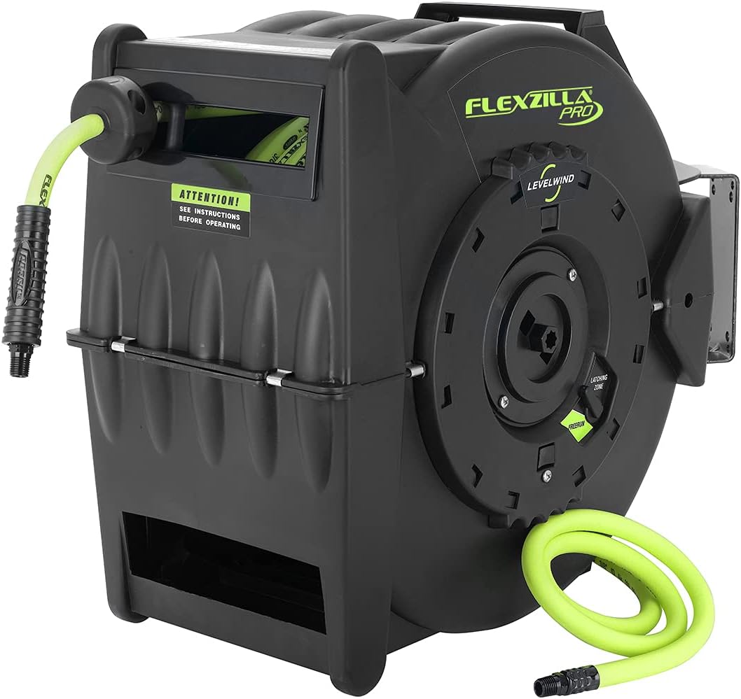 Flexzilla Levelwind Retractable Air Hose Reel, 3/8 in. x 50 ft, Heavy Duty, Lightweight, Hybrid, ZillaGreen - L8305FZ