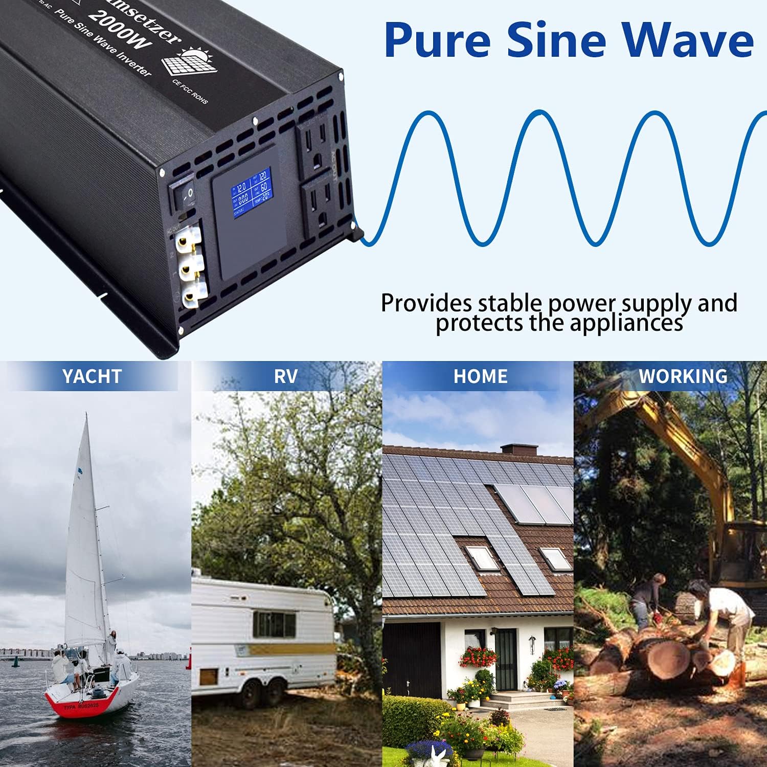 Cumsetzer 2000w 24v Power Inverter Pure Sine Wave 24 Volt dc to ac 110v 120v Car Inverter with Dual US Outlet, and hardwire Terminal and LCD Display, for RV, Truck, Yacht, and Off Grid(2000w 24v)