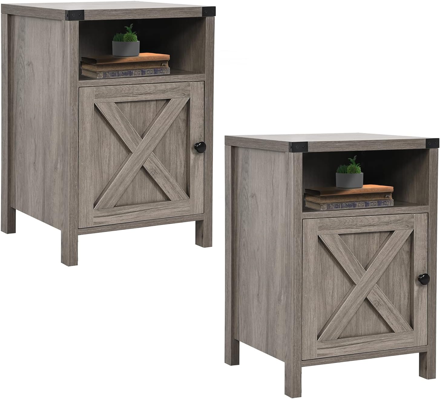 Farmhouse Nightstand Set of 2 with Storage Space, Industrial End Table Set for Bedroom, Rustic Night Stand, Living Room Modern Accent Table, Wood Bed Side Table with Shelf and Barn Door, Set of 2