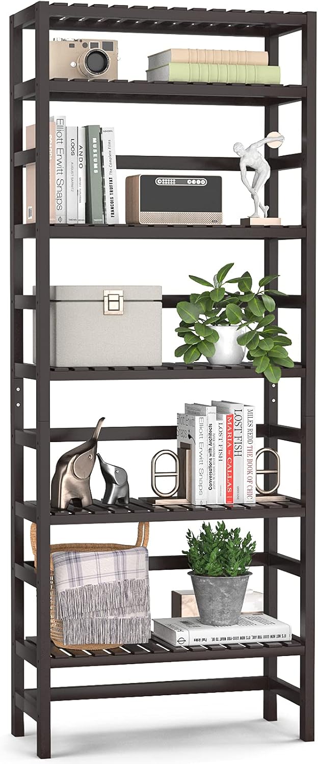 Homykic Bookshelf, 6 Tiers Bamboo Adjustable Tall Bookcase Book Shelf Rack Organizer Shelving Unit Free Standing Storage for Living Room, Study, Kitchen, Bedroom, Balcony, Office, Bathroom, Natural