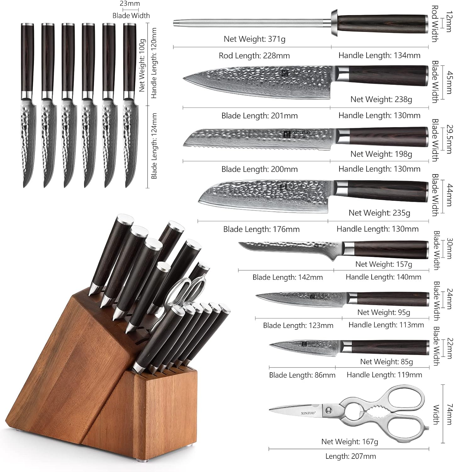 XINZUO Damascus Steel 15Pcs Kitchen Knife Set with Honing Steel and Kitchen Shears, Professional Chef Knife Set with Acacia Wood Block for Kitchen and 6Pcs Steak Knives -Pakkawood Handle