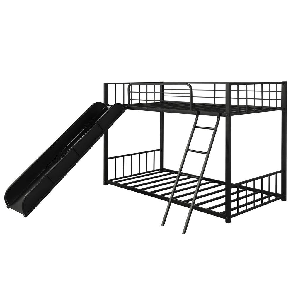 Qualfurn Paula Black Twin Over Twin Metal Bunk Bed with Slide