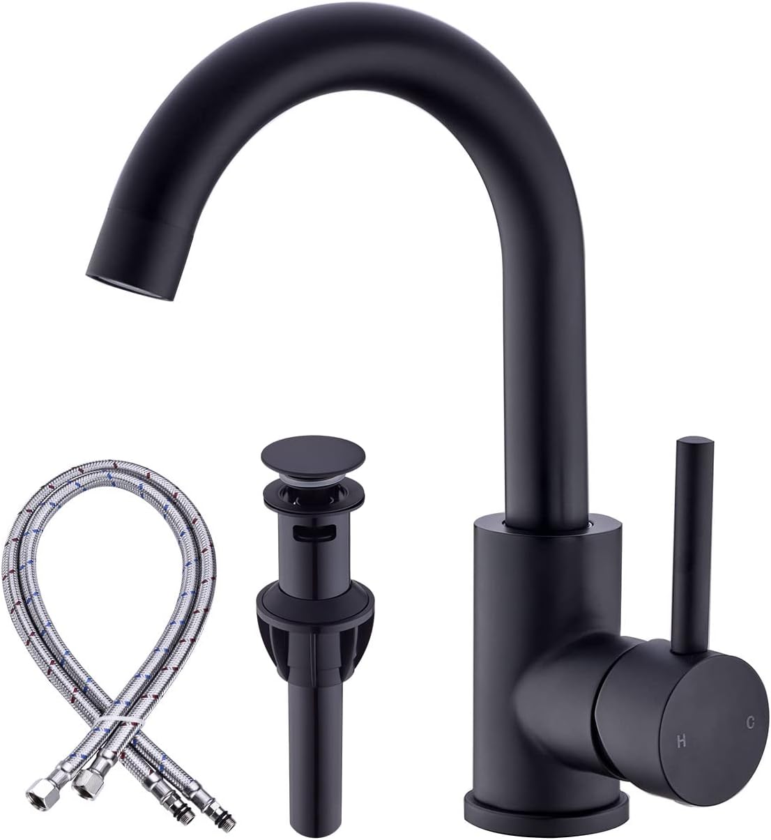 Anpean Single Handle Bathroom Sink Faucet One Hole with Pop-Up Drain and Water Supply Lines, Matte Black