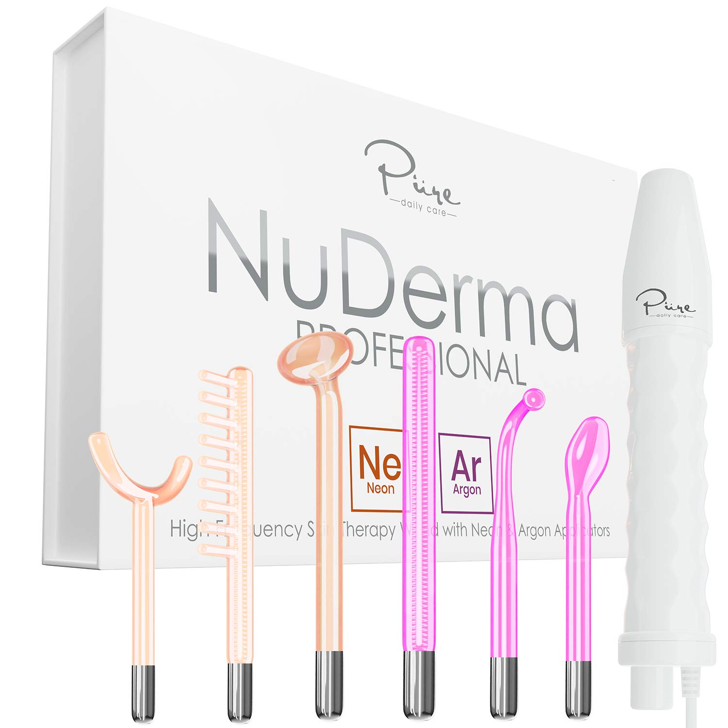 NuDerma Professional Skin Therapy Wand - Portable High Frequency Skin Therapy Machine with 6 Neon & Argon Wands &ndash; Boost Your Skin &ndash; Clear Firm & Tighten