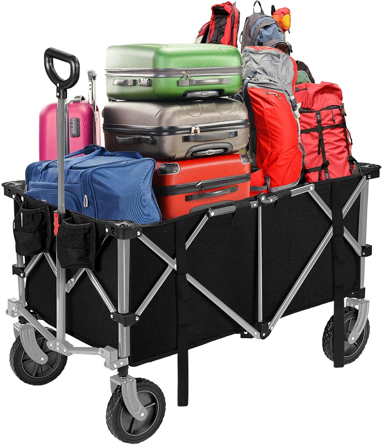 ROMISS Folding Wagon Cart Heavy Duty Collapsible Utility Wagon Outdoor Camping Garden Cart with Universal Wheels for Camping, Sports, Shopping - Black