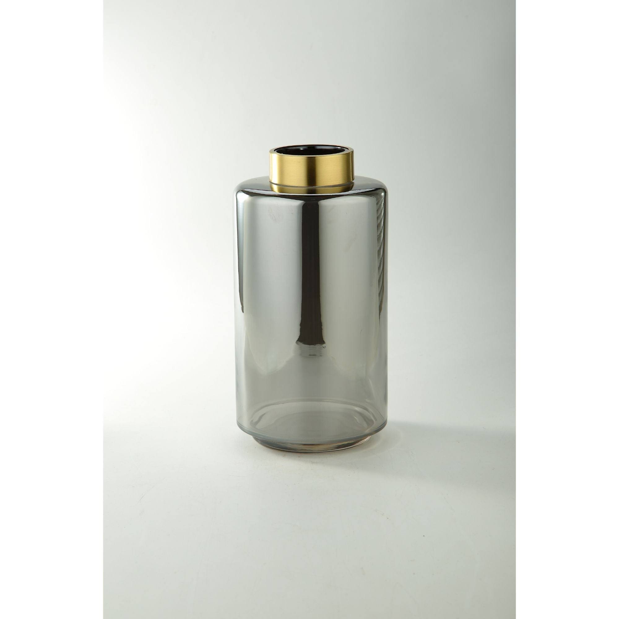 12x22 Smoke Black and Gold Cylindrical Hand Blown Glass Vase