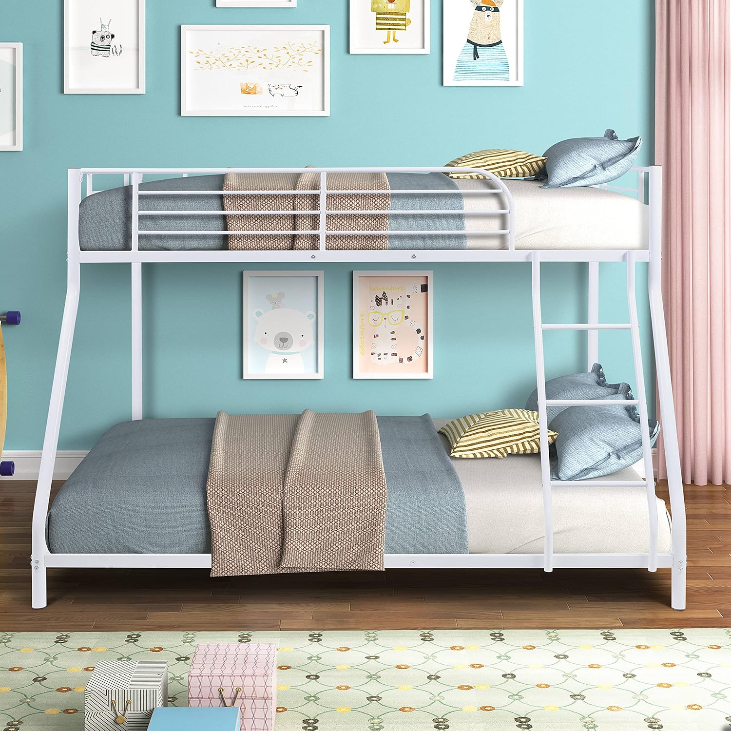 Wentall Low Twin Over Full Metal Bunk Bed with Flat Ladder and Guardrail,No Box Spring Needed Heavy Duty Space-Saving Design,Easy Assembly,Black Frame