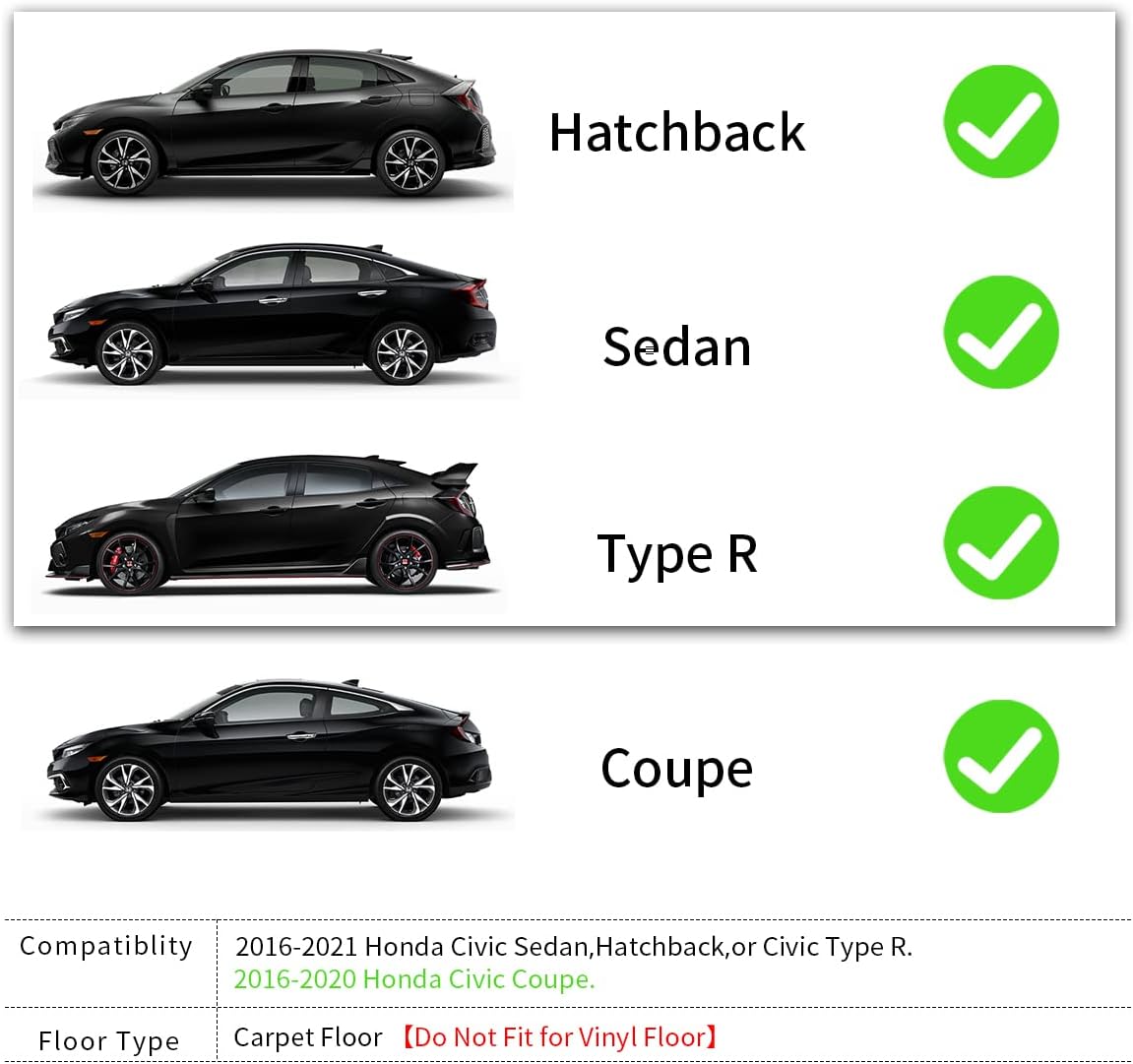 YITAMOTOR Floor Mats Compatible with 2016-2021 Honda Civic Coupe/Sedan/Type R, 2017-2021 Honda Civic Hatchback, 1st & 2nd Row All Weather Protection, Black