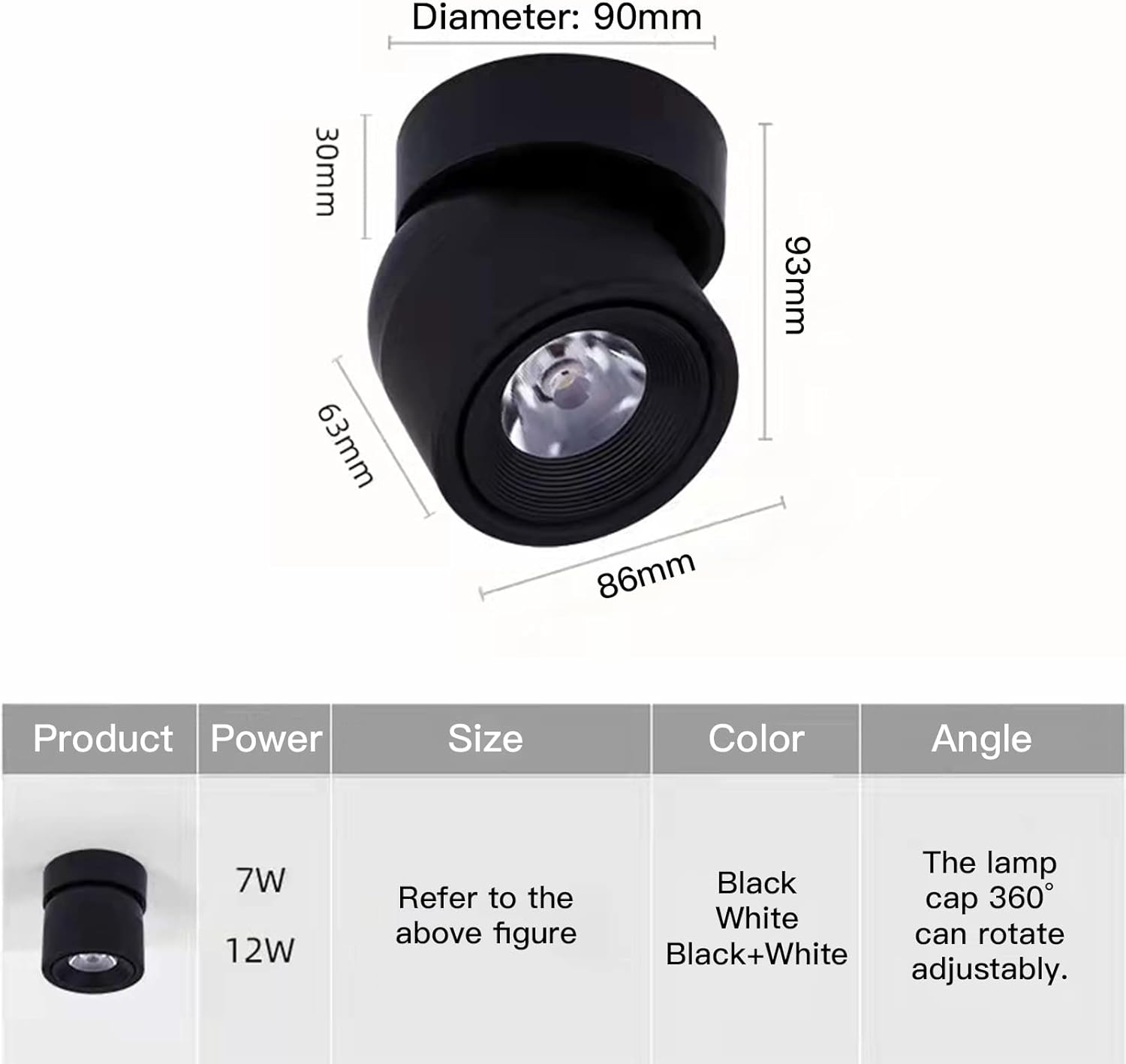 NC LED Indoor Surface Mount Spotlight, Suspended Design 340&deg; Swivel Ceiling Spotlight 9w Aluminum Body Bright Interior Decorative Light, Black 4000K, 4000K