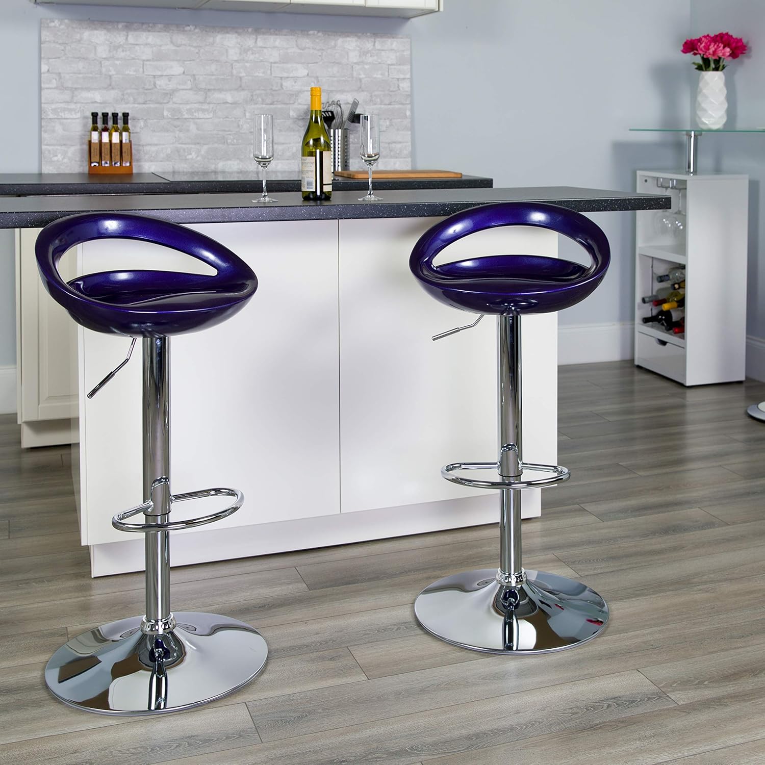 Flash Furniture 2 Pack Contemporary White Plastic Adjustable Height Barstool with Rounded Cutout Back and Chrome Base