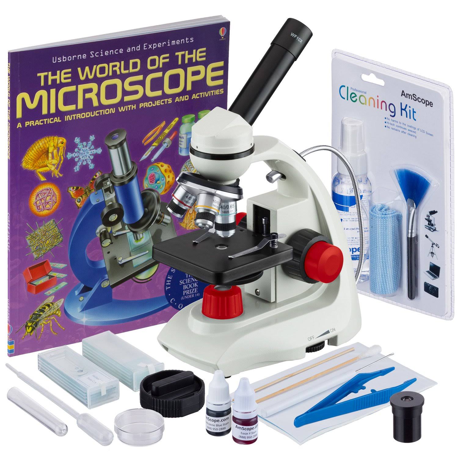 Amscope 40X-1000X LED Solid-metal Portable Compound Microscope with Red Accents, Slide Preparation + Cleaning Kits and Book