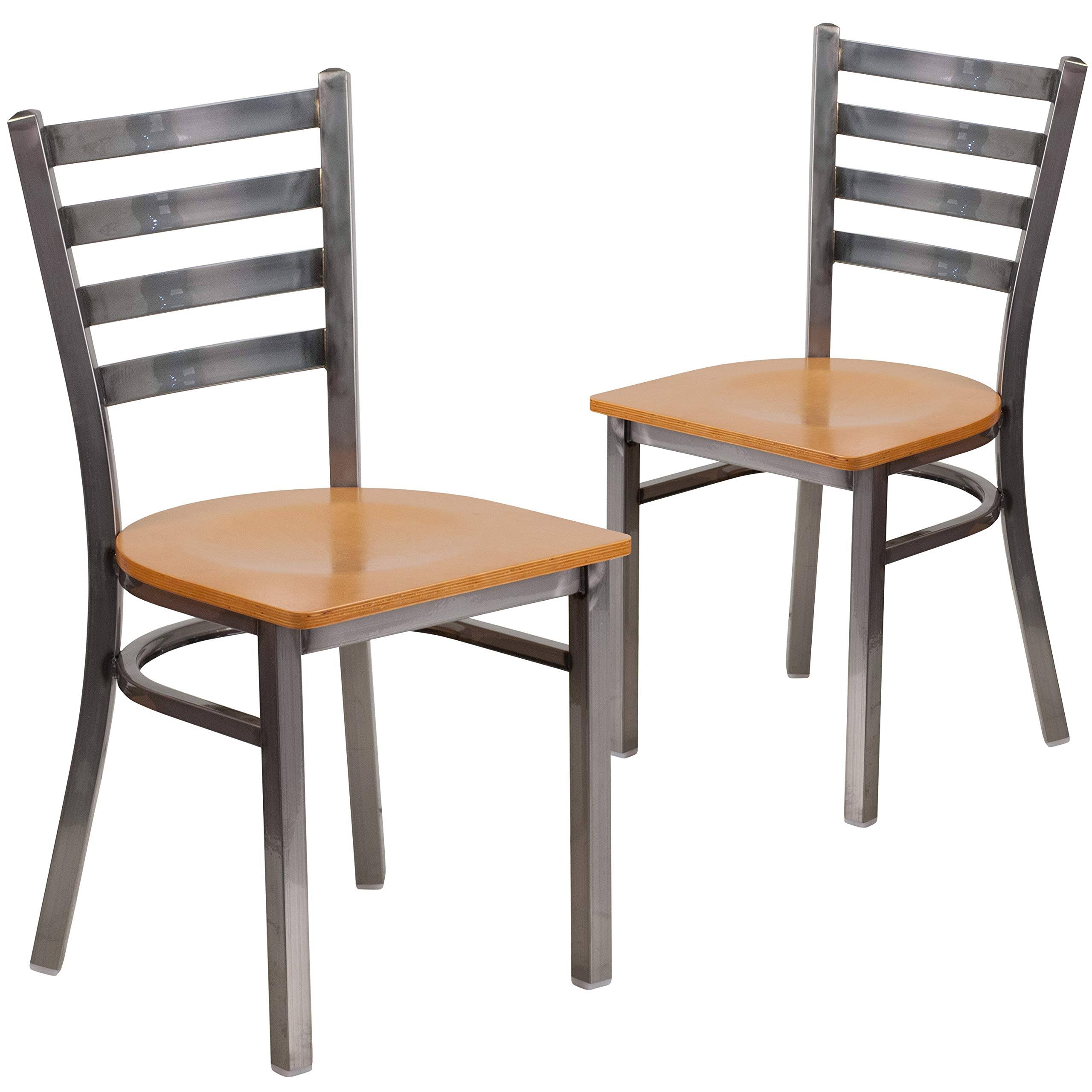 Flash Furniture 2 Pk. Hercules Series Clear Coated Ladder Back Metal Restaurant Chair - Natural Wood Seat
