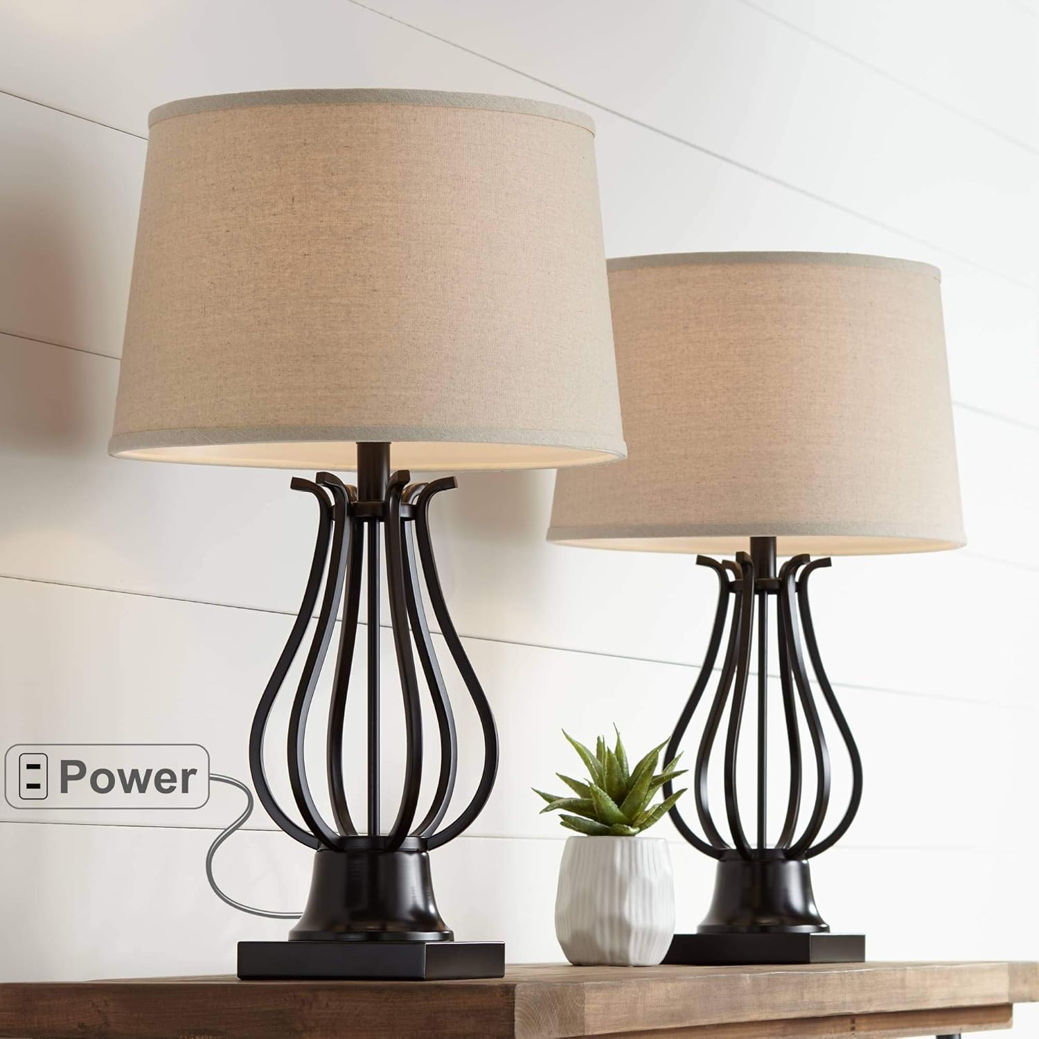 Hadley Modern Table Lamps Set of 2 with AC Power Outlet in Base Bronze Fabric Tapered Drum Shade for Living Room Bedroom Bedside Nightstand Office Family - Regency Hill