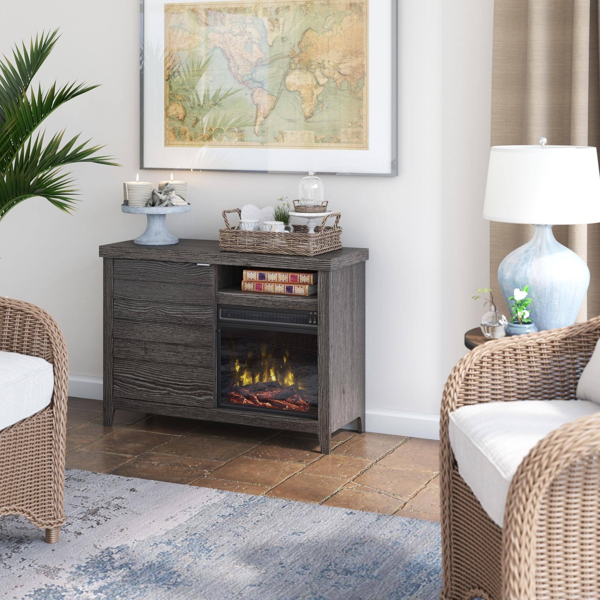 Twin Star Home 42 in. Media Mantel Freestanding Electric Fireplace with Louvered Door in Curtis Oak