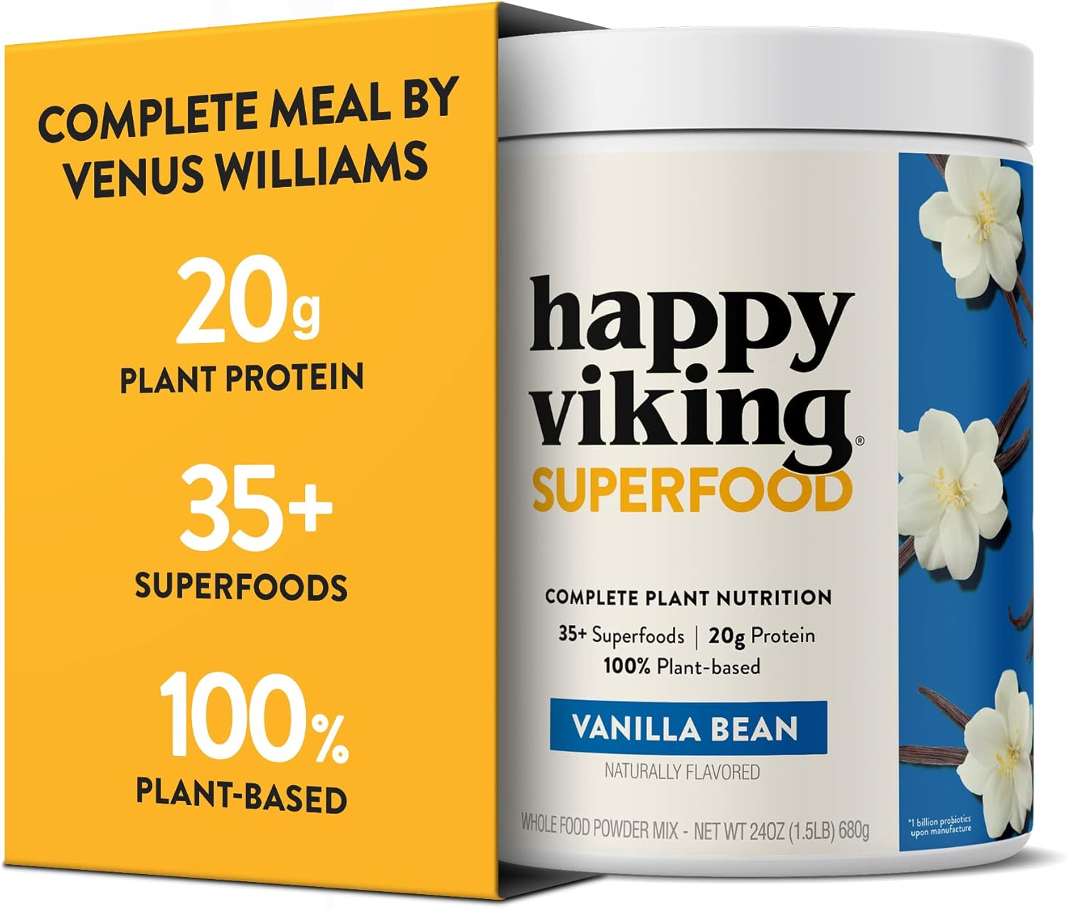 Vanilla Bean Plant Protein Powder Shake by Happy Viking, 20G Protein, Created by Venus Williams, Vegan, Dairy-Free, Gluten-Free, Non-GMO, Superfoods, Complete Meal Replacement, 1 Canister (24 oz.) Pack of 2