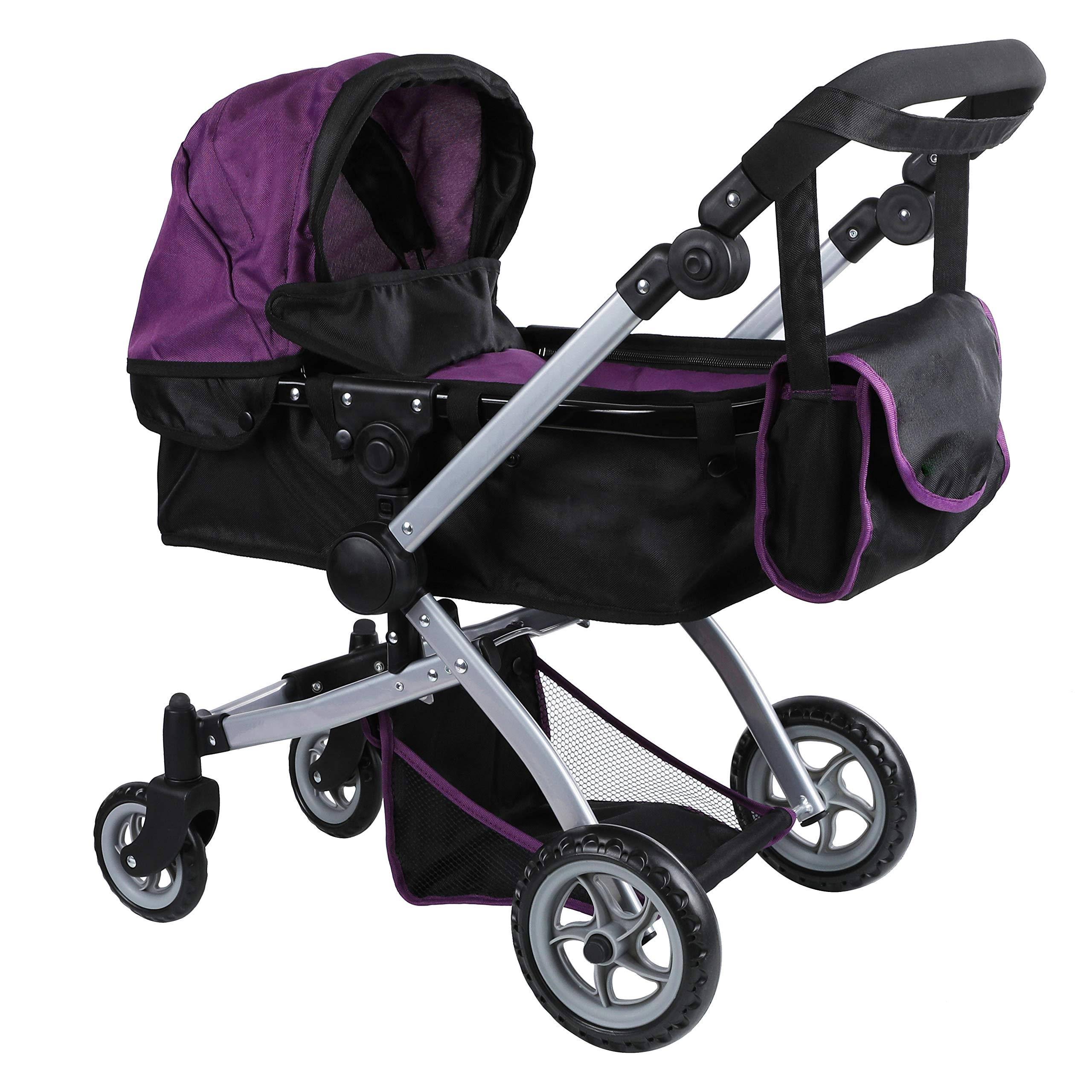 Babyboo Deluxe Doll Pram Color Purple u0026 Black with Swiveling Wheels u0026 Adjustable Handle u0026 Free Carriage Bag - 9651b