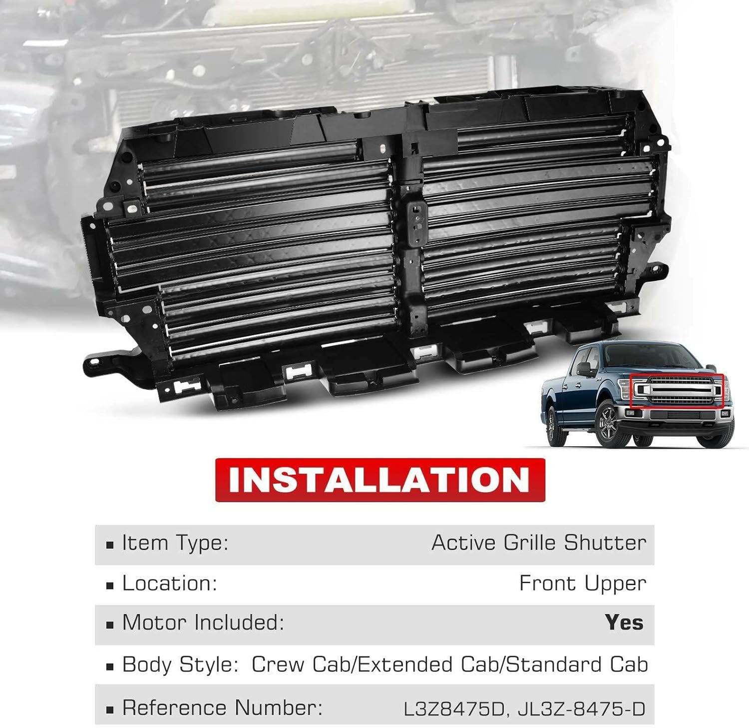 A-Premium Complete Front Upper Radiator Grille Air Shutter Control Assembly Compatible with Ford F-150 F150 2018 2019 2020 Replace# JL3Z8475D JL3Z-8475-D (with Actuator Motor)