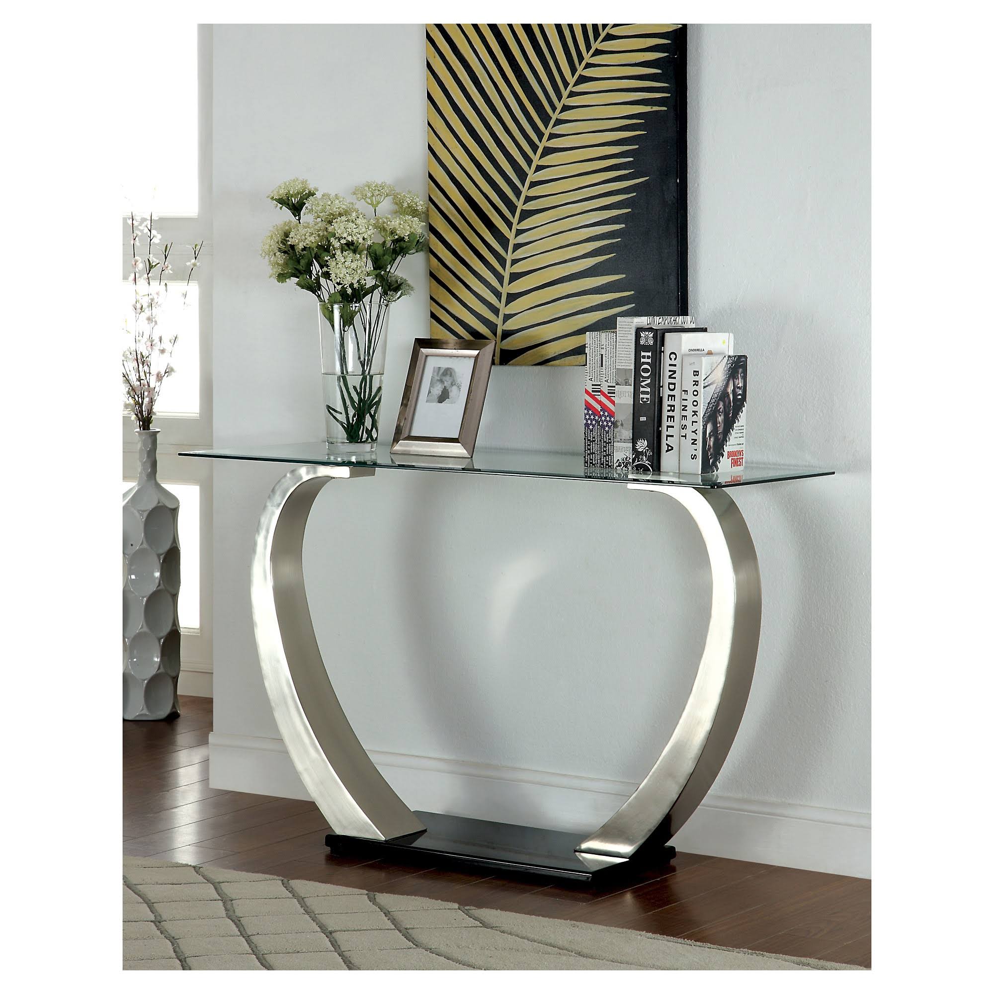 Furniture of America Sylvie Modern Curved Glass Top Sofa Table Silver/Black - ioHOMES - Shiny Silver