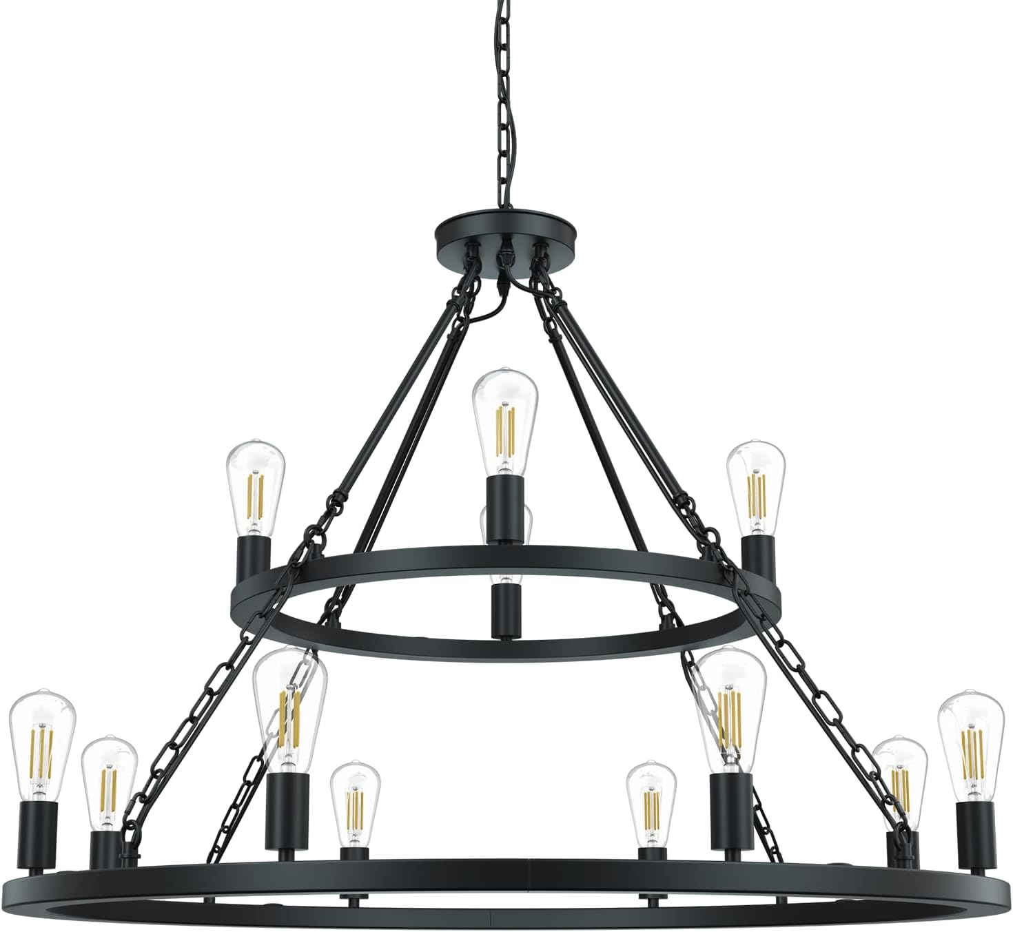 Vonfame Round Large Wagon Wheel Chandelier 12-Light, Rustic Farmhouse Industrial Chandelier Light Fixtures for Kitchen Island Dining Room Living Room Foyer Entryway, Black Finish