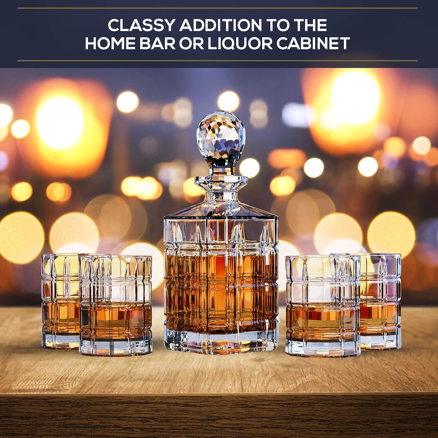 Regal Trunk & Co. Whiskey Decanter Sets | 4 Square Engraved Tumblers Whisky Decanter & Glass Set | Crystal Decanter Set Bourbon and Scotch | Comes In Gift Box and with Glass Polishing Cloth Pack of 2
