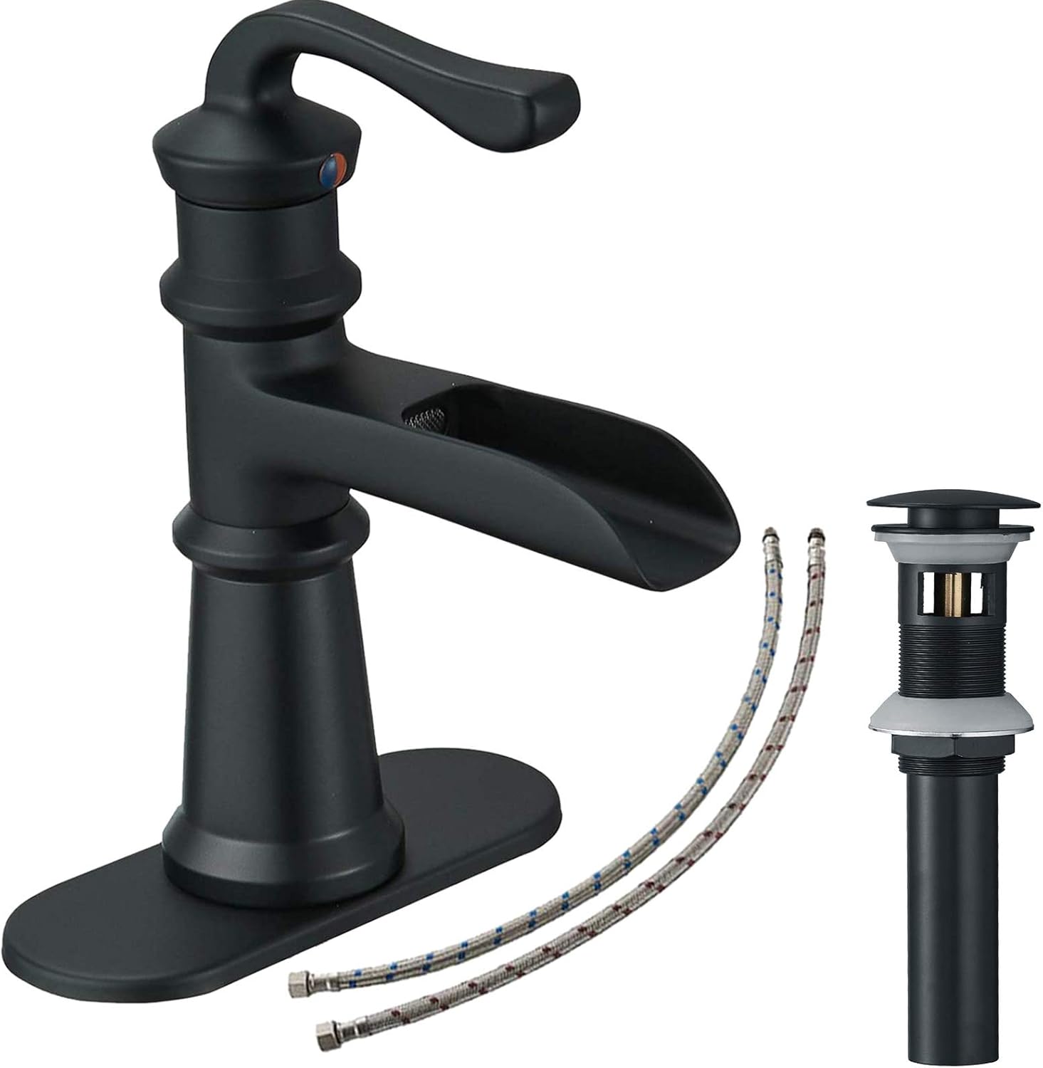BATHLAVISH Black Waterfall Bathroom Faucet, Matte Black Bathroom Faucet, Black Bathroom Sink Faucet, 1 Hole Single Handle Farmhouse Lavatory Vanity RV with Pop Up Drain with Overflow