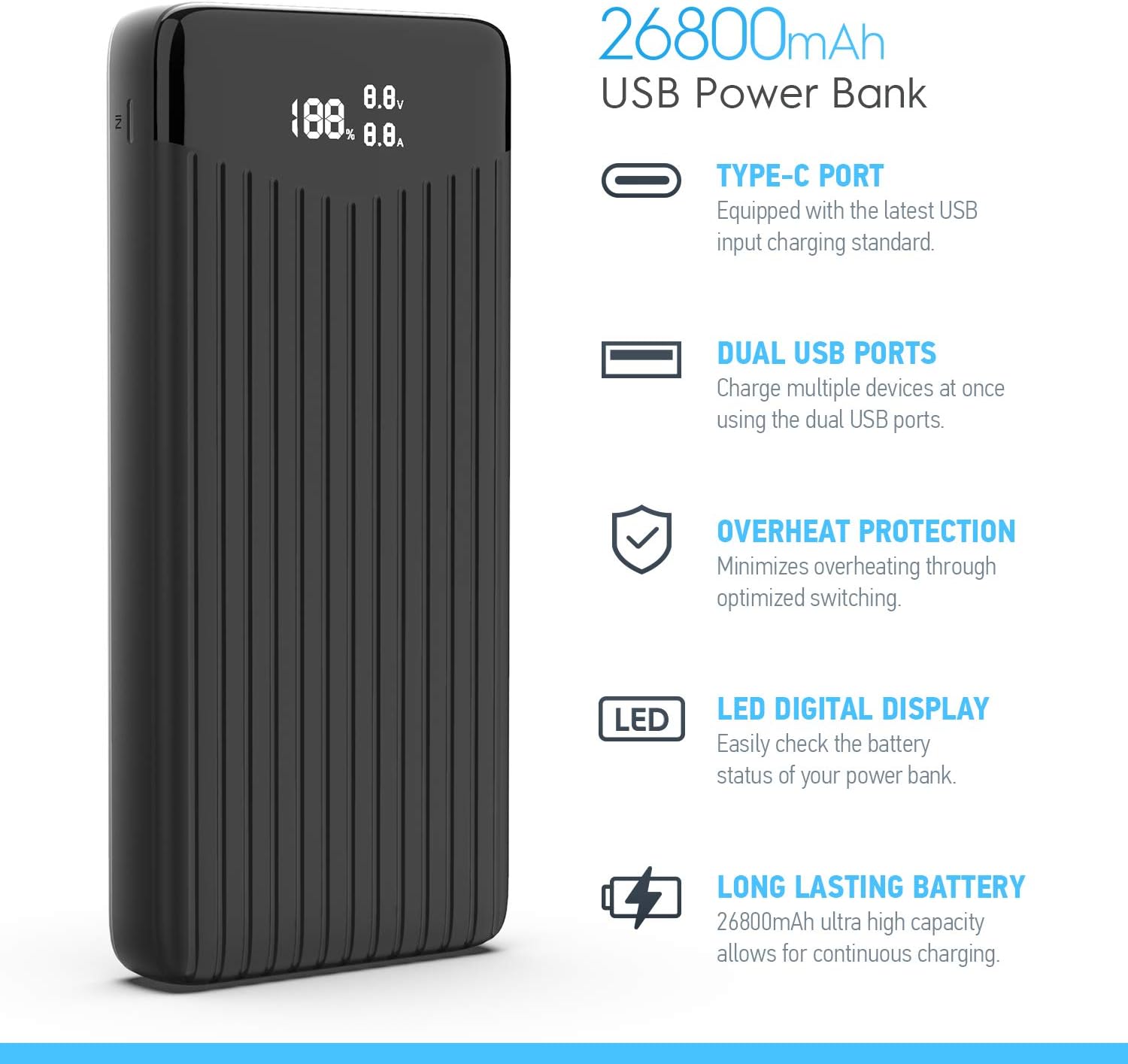 Amcrest USB C Power Bank, 26800mAh Portable Charger USB C, Power Bank Fast Charging 22W PD 3.0, Type C Battery Bank Powerbank with LED Display for Android & iOS Smartphone Devices, and More Pack of 2