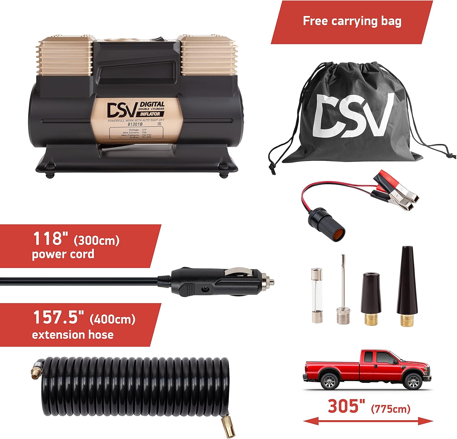 DSV Standard Digital Portable Heavy Duty Double Cylinders Air Compressor Tire Inflator, 12V DC 150PSI Air Pump with Auto Shut Off, Led Light & Extension Hose.Ideal for Truck Tires,Bicycle,Dinghy,Balls Pack of 2