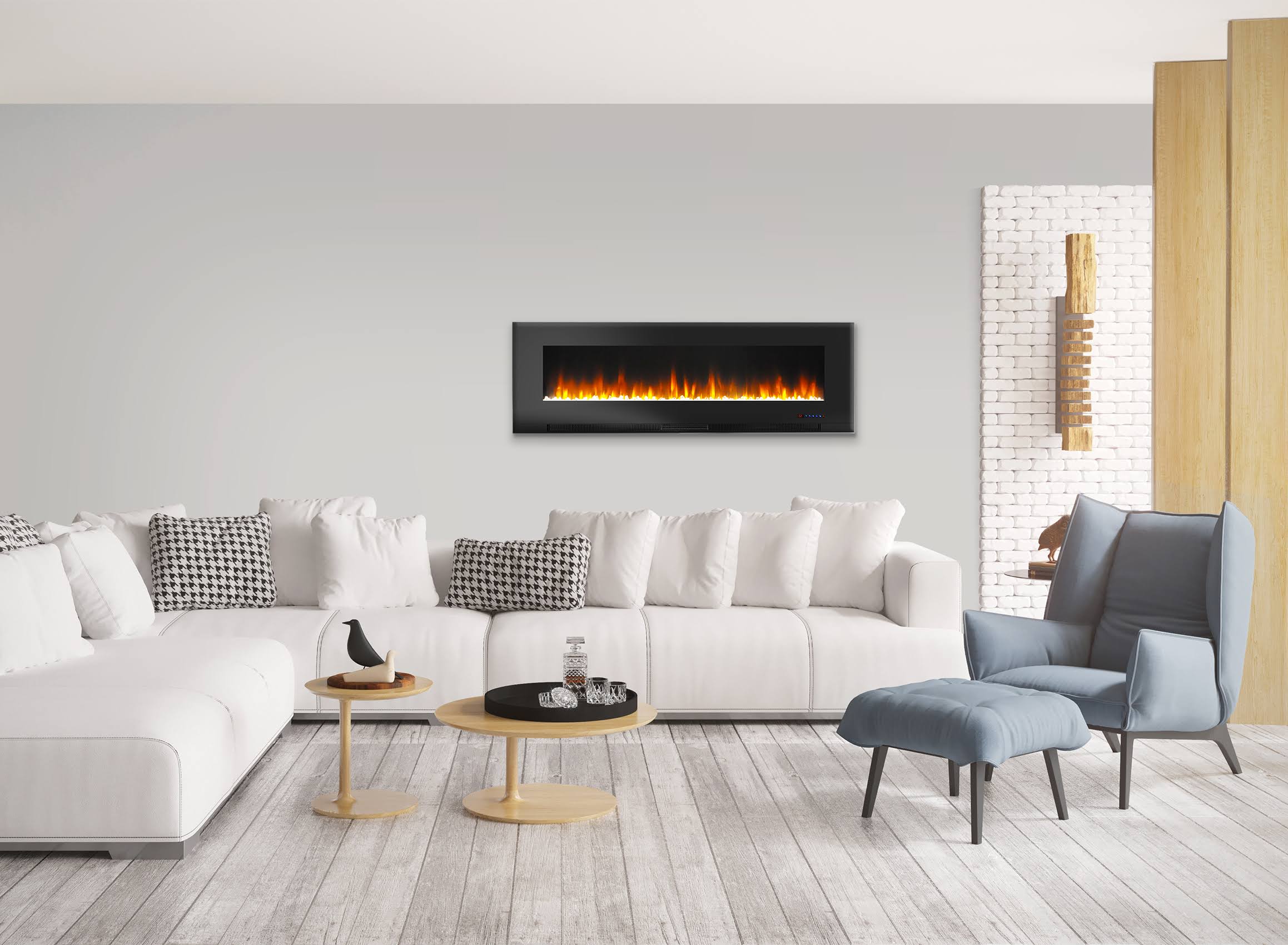 Cambridge 60 in. Wall-Mount Electric Fireplace with Multi-Color Flames and Crystal Rock Display - Black