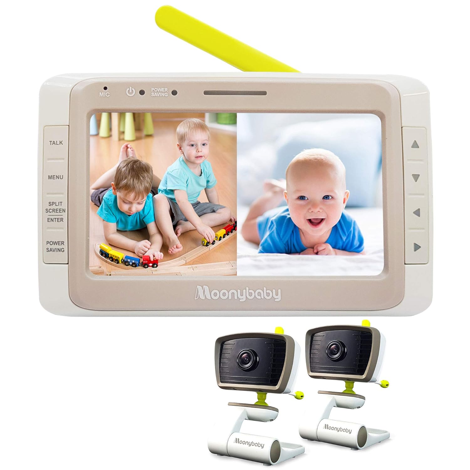 Moonybaby Split 50 Baby Monitor with 2 Cameras and Audio, No WiFi, Large Screen with Wide View, Screen Split, Auto Night Vision and Zoom, Sound Activated, Temperature, 2-Way Talk, Range up to 1000ft
