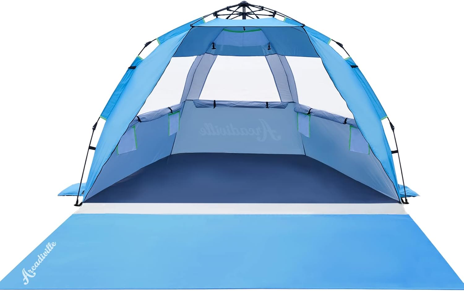 ArcadiVille Pop up Beach Tent, Anti-UV Sun Shelter 4 Person Tent for Beach UPF 50+, Portable Lightweight Beach Shade Canopy Sun Tent w/ Extended Floor, Guylines & Stakes, 3 Ventilated Windows (Blue)
