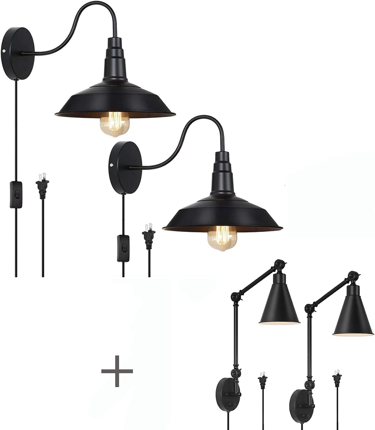 HAITRAL Swing Arm Wall Sconces(Up and Down) and Black Plug in Wall Sconces(Bundled Goods) ,Without Bulbs