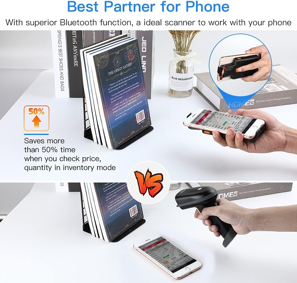 Upgraded Eyoyo 1D Linear Back Clip Bluetooth Barcode Scanner,1600mAh Rechargeable Battery, Fast and Precise scanning,Compatible with Android,iOS for Warehouse Inventory Book Store Library Pack of 2