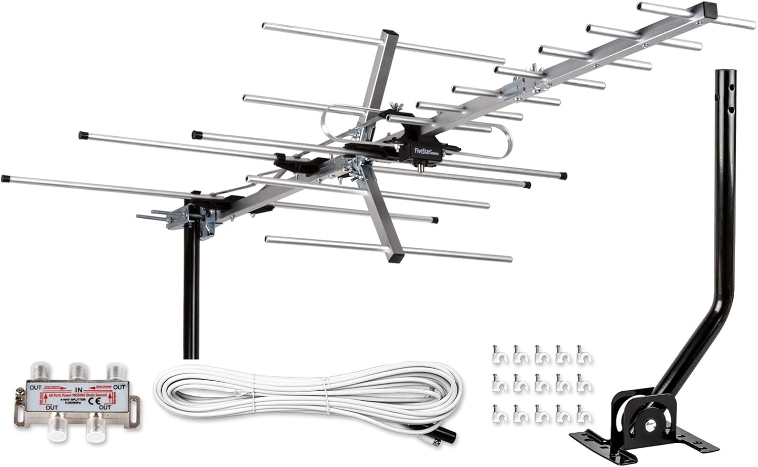[Newest 2020] Five Star Yagi Satellite HD TV Antenna up to 200 Mile Range, Attic or Roof Mount TV Antenna, Long Range Digital OTA Antenna for 4K 1080P Supports 4 TVs Installation Kit & Mounting Pole Pack of 2