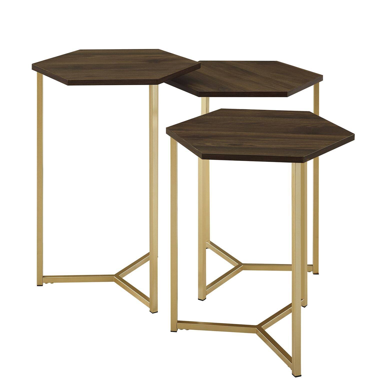 Set of 3 Beatriz Glam Geometric Nesting Hexagon Accent Tables Dark Walnut/Gold - Saracina Home