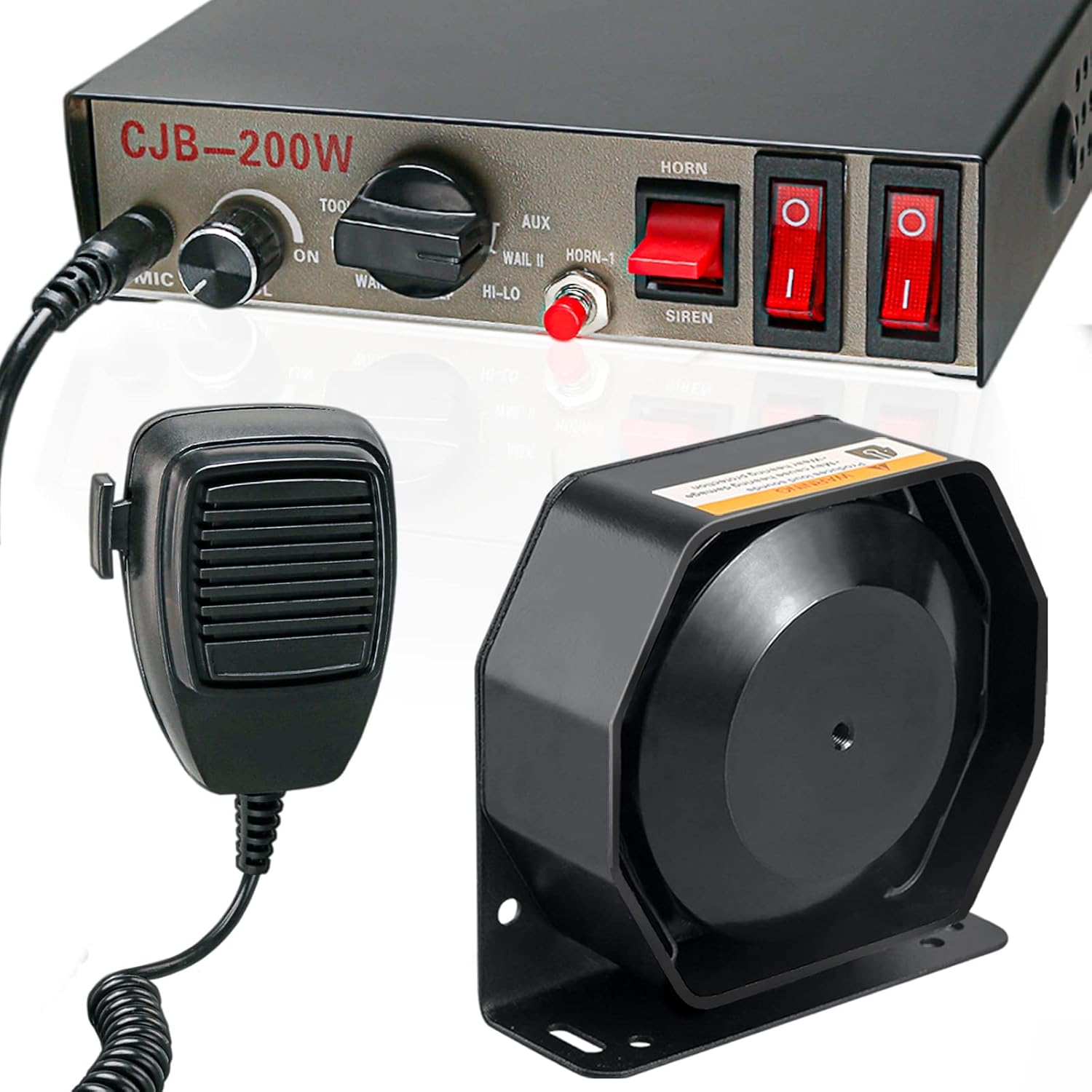 BooYu 12V 200W 9 Tones Police Warning Emergency Siren PA System [Slim Speaker][125-135dB][Handheld Microphone][Hands-Free][2 x 15A Switches] for Firefighter Ambulance Vehicles Truck Car SUV ATV UTV Pack of 2