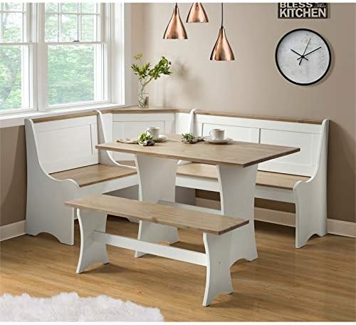 Linon Jackie Pine Wood 3 Piece Patio Conversation Indoor Kitchen Breakfast Table Booth Bench Corner Dining Nook Set in Antique White