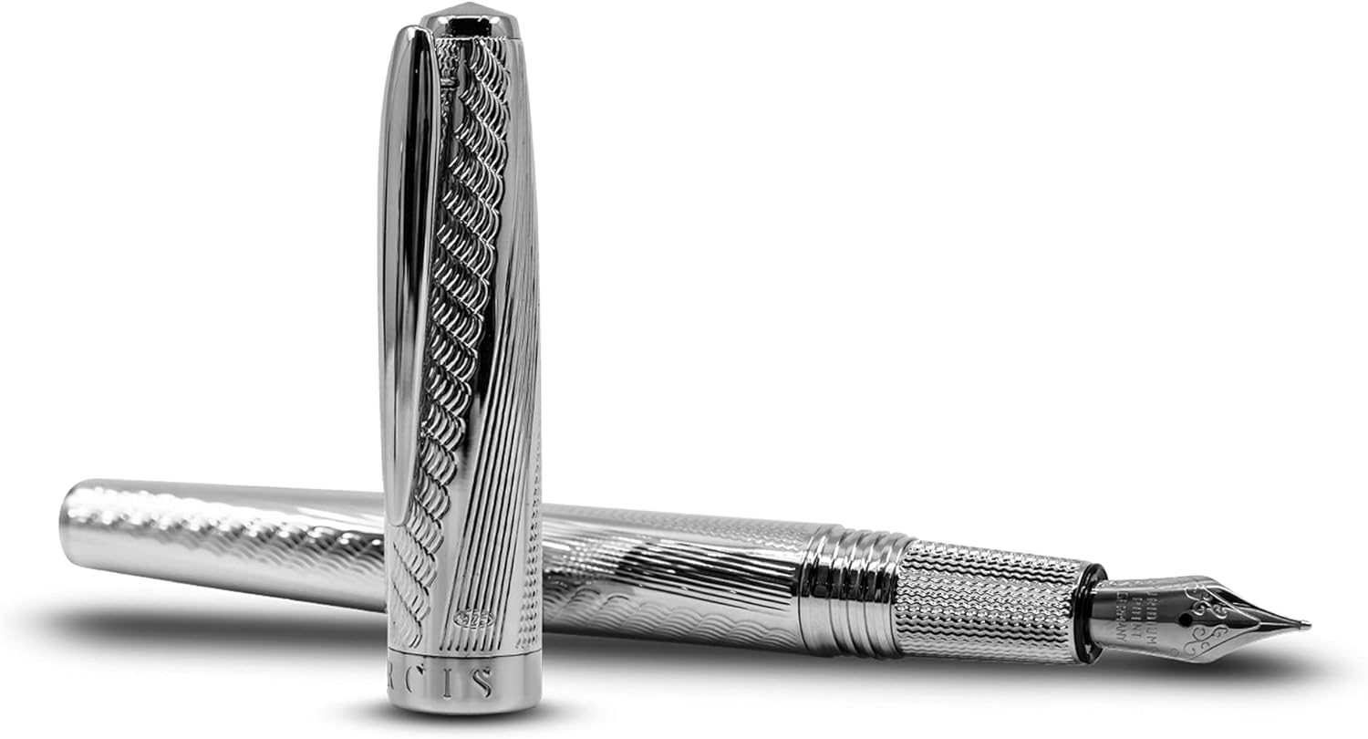 The Azore Fountain Pen, 925 Sterling Silver, with German-Made Nib, 2 Ink Refills - Luxury Pens for Journaling, Note Taking, Writing - Premium Office Accessories and Gifts