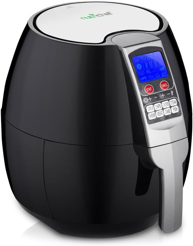NutriChef Hot Air Fryer Oven - w/Digital Display, Electric Big 3.7 Qt Capacity Stainless Steel Kitchen Oilless Convection Power Multi Cooker w/Basket Pan - Use for Baking, Grill - PKAIRFR54 (Black)