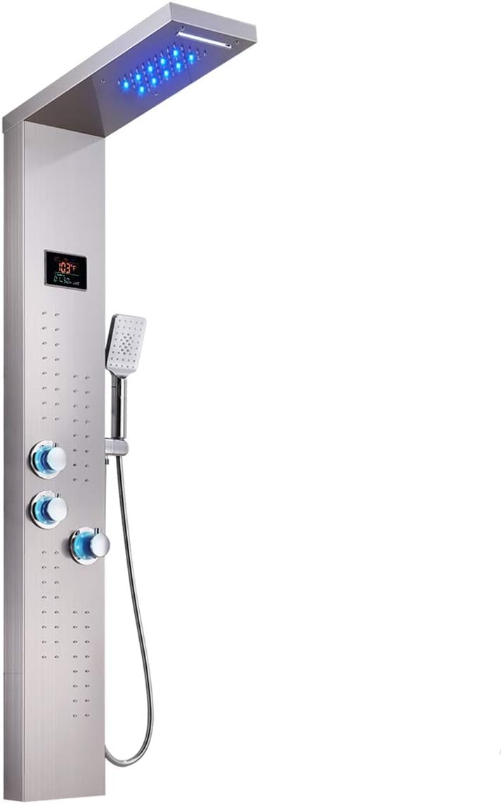 ELLO&ALLO LED Thermostatic Shower Panel Tower System, Rainfall Waterfall Shower Head Rain Massage System with Body Jets (Brushed Black)